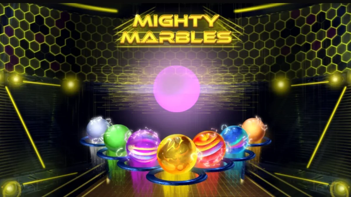 Tampilan visual neon futuristik dari slot Mighty Marbles dengan simbol kelereng bercahaya