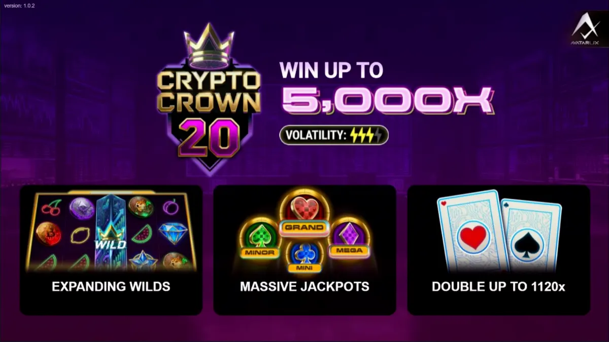 Tampilan visual slot Crypto Crown 20 dengan simbol kripto dan neon
